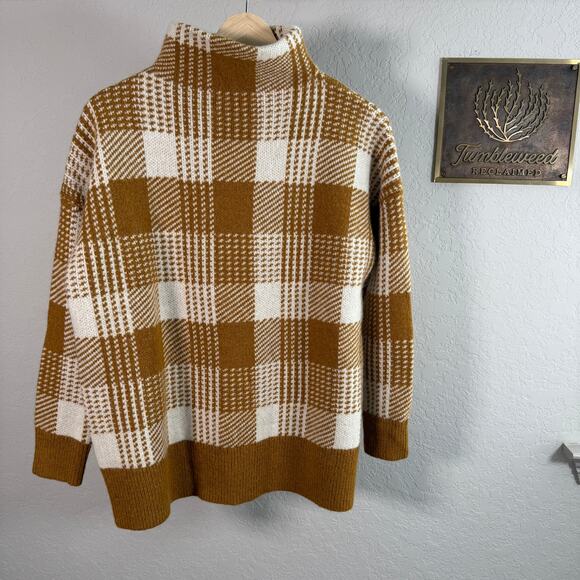 Women's Madewell Wool Blend Mustard Cream Plaid Mock Neck Sweater Size XS - Picture 3 of 8